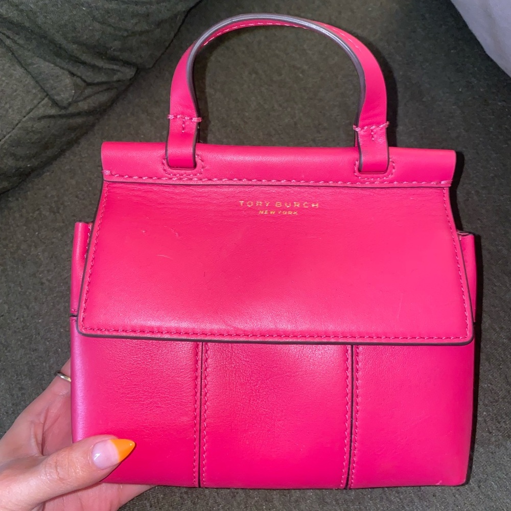 Mini Block T top handle crossbody in pink azalea